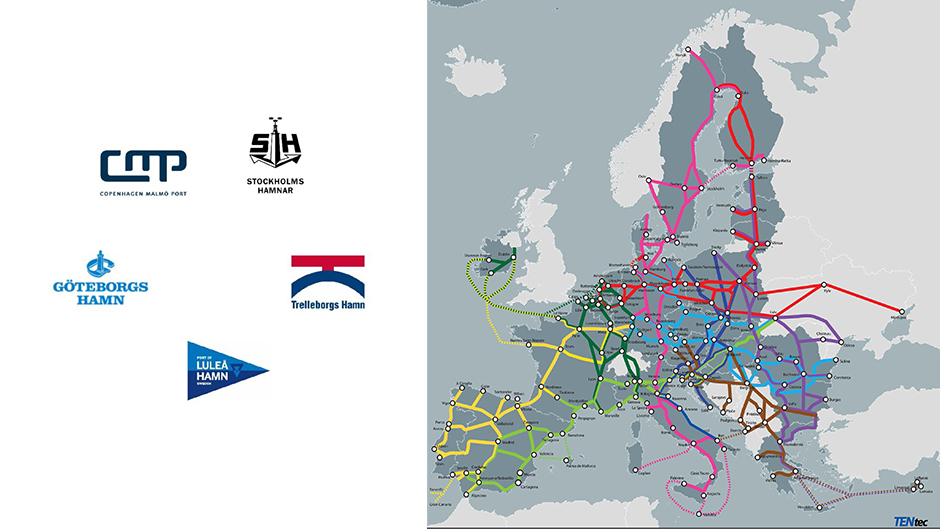 Map over TEN-T-network + logotypes for Swedish ports