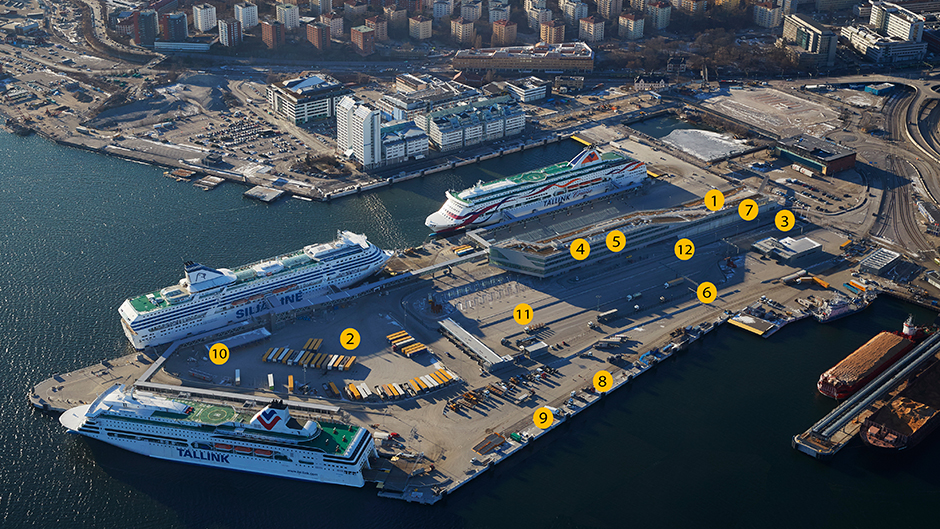 Ariel view of the Värtahamnen port with all of the improved environmental measures indicated and numbered