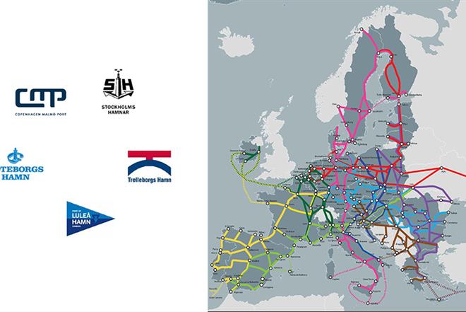 Map over TEN-T-network + logotypes for Swedish ports