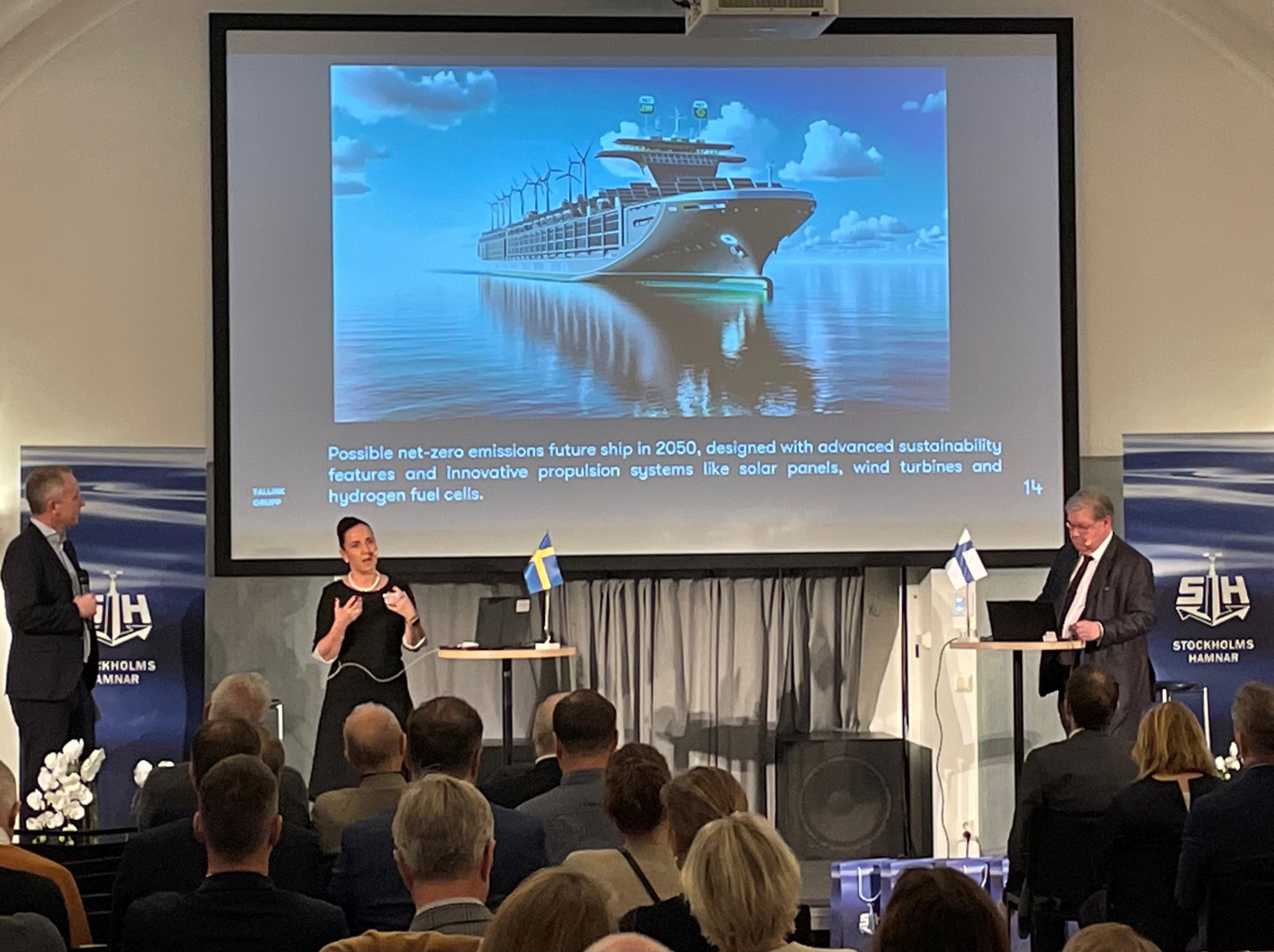 Piret Mürk-Dubout shows a powerpoint picture of a AI generated vessel